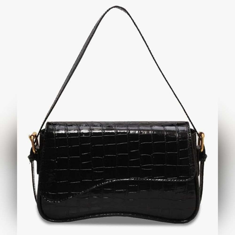 Elegantโ Black Crocodile-Embossed Shoulder Bag